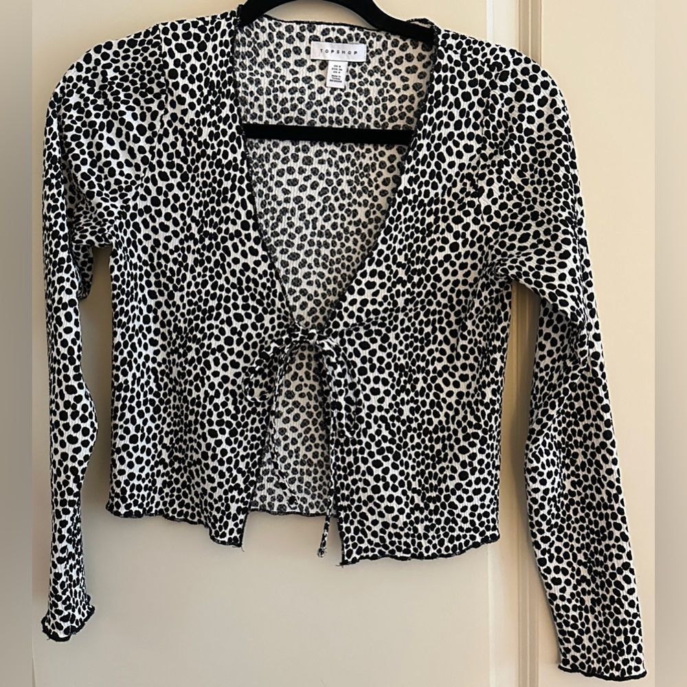 Topshop Tie black white spotted front babydoll top Women's Sz 4